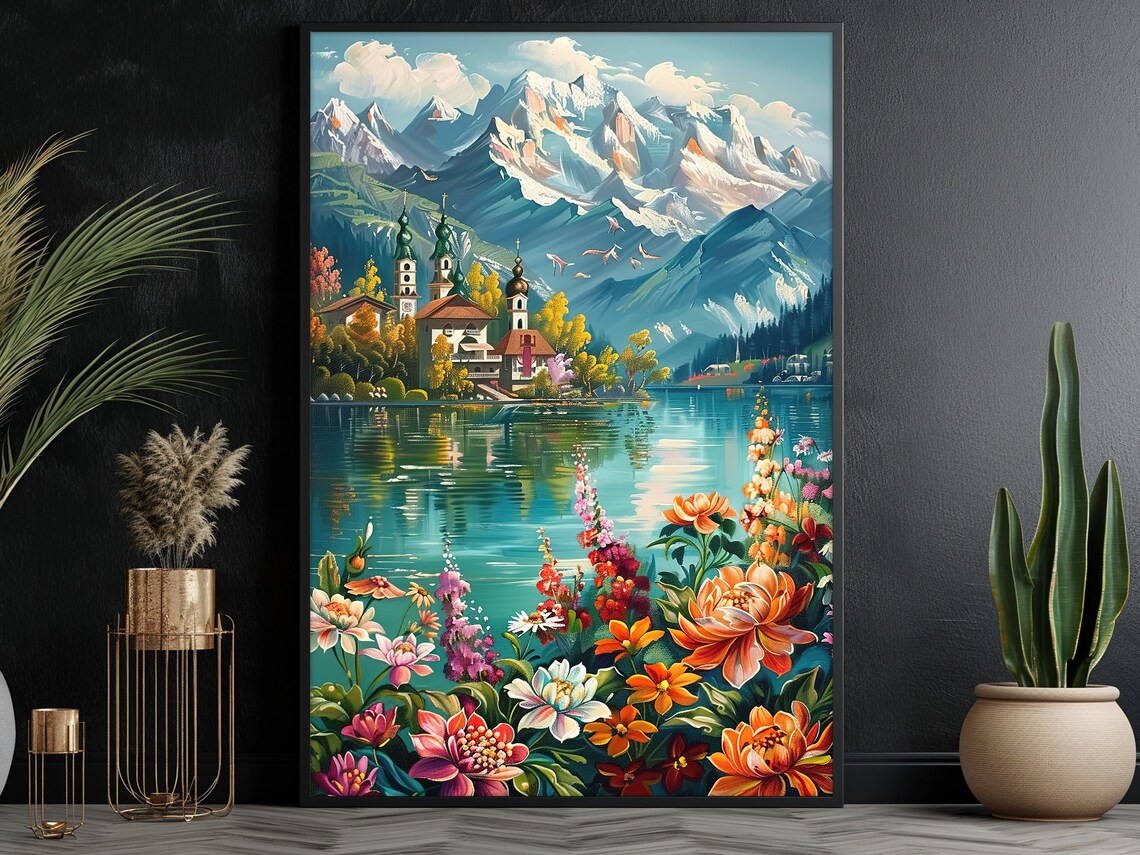 Vintage Countryside Lake Oil Painting Dreamy Mountain Art Print Landscape Print Flowers Wall Art Landscape Print - Image 4