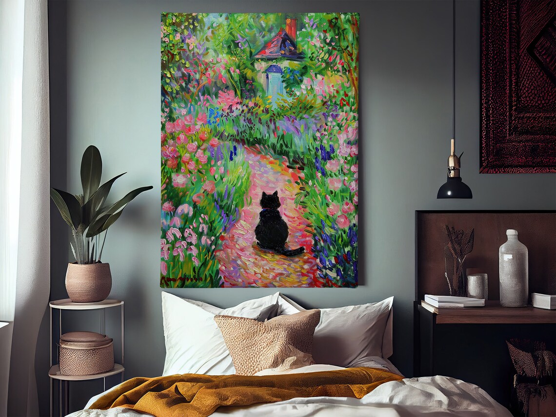 Matisse-Inspired Black Cat in Flowers Garden Art Print - Image 2