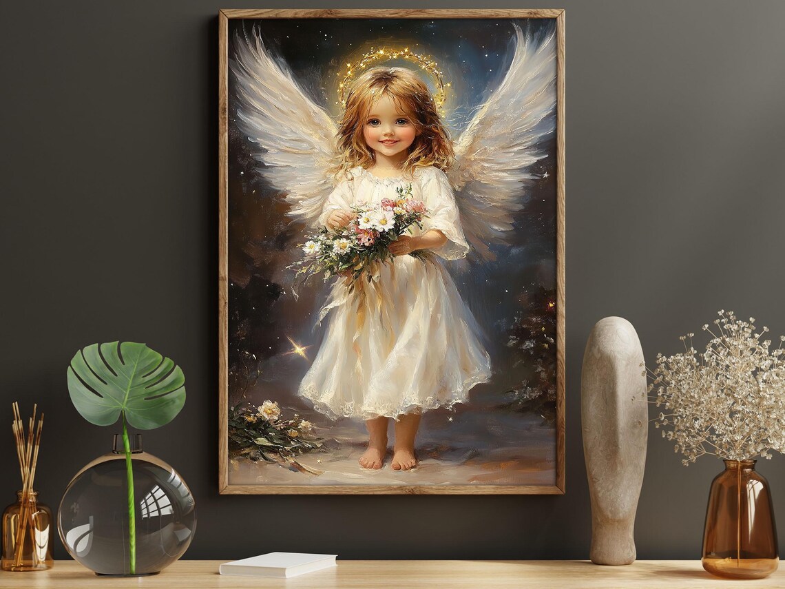 Little Angel Girl With Golden Halo Holding Flower Bouquet Night Poster - Image 6