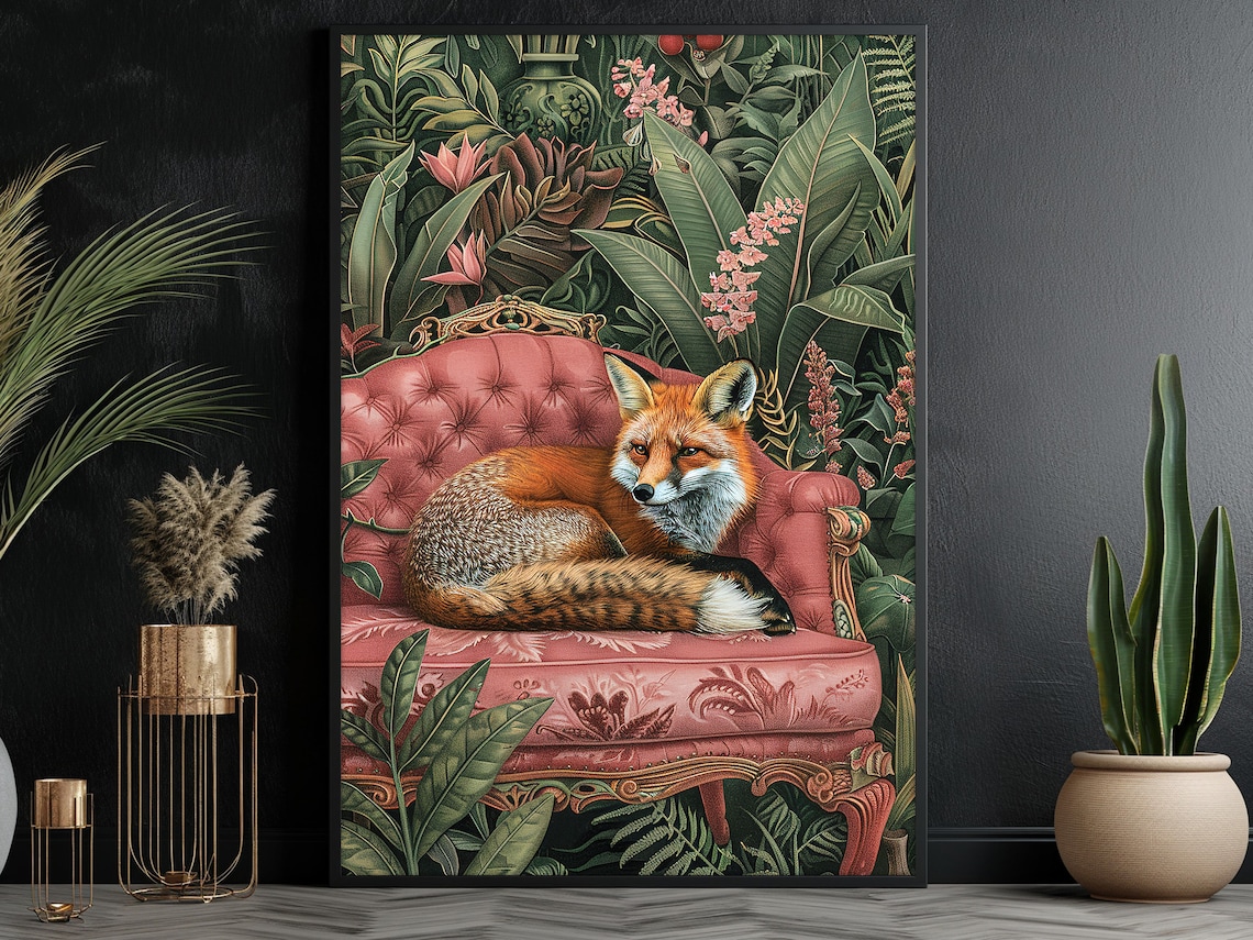 Red Fox Pink Velvet Sofa Tropical Jungle Animal Portrait Poster