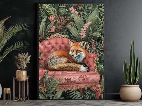 Red Fox Pink Velvet Sofa Tropical Jungle Animal Portrait Poster