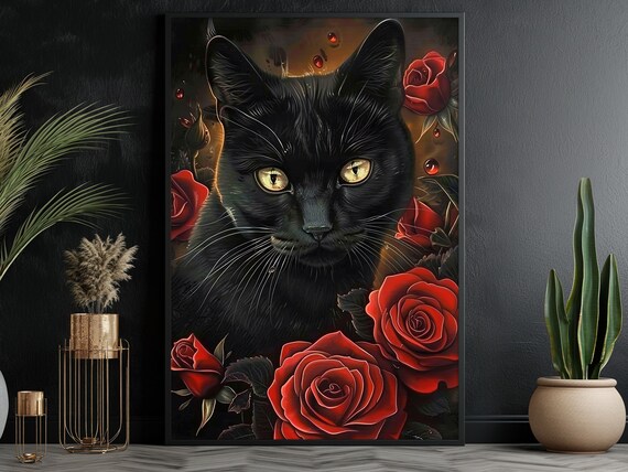 Black Cat Red Roses Gothic Floral Portrait Dramatic Animal Art Wall Poster
