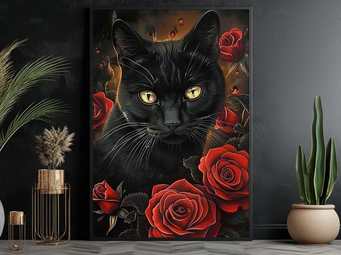 Black Cat Red Roses Gothic Floral Portrait Dramatic Animal Art Wall Poster