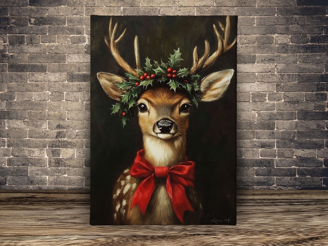 Vintage Christmas Reindeer Painting, Christmas Poster Print - Image 2