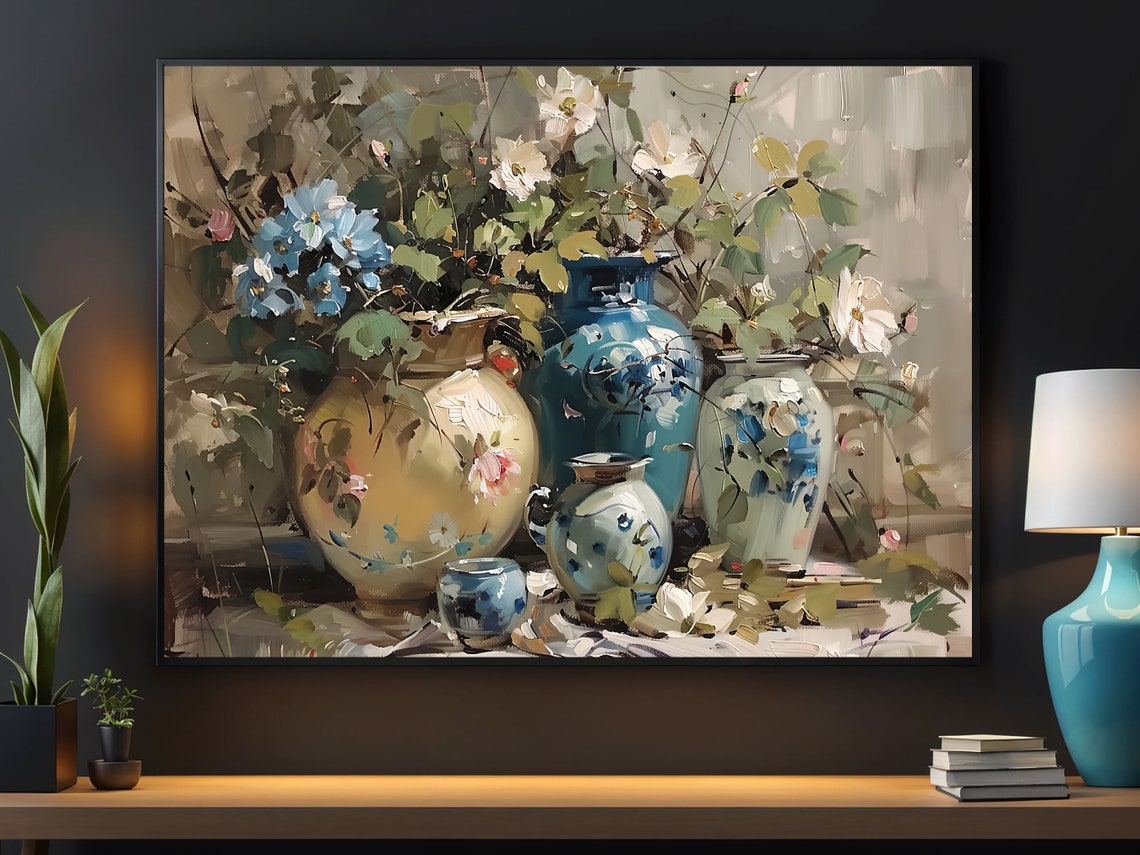 Blue And Cream Ceramic Vases With White Wildflowers Still Life Poster