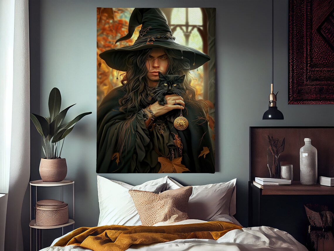 Dark Witch Black Cat Autumn Leaves Gothic Portrait Witchy Halloween Art Print - Image 2