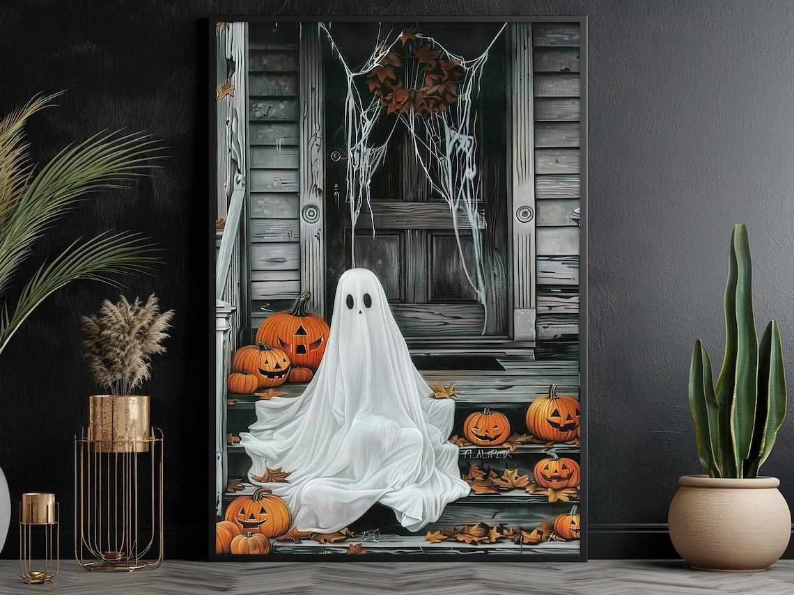 Ghost On Porch With Jack O Lanterns Cute Spooky Halloween Art Print