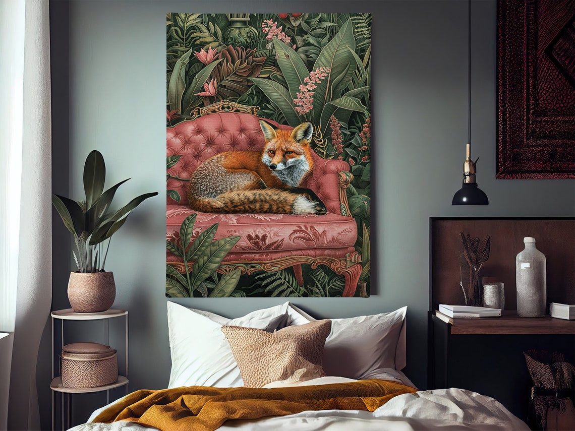 Red Fox Pink Velvet Sofa Tropical Jungle Animal Portrait Poster - Image 3