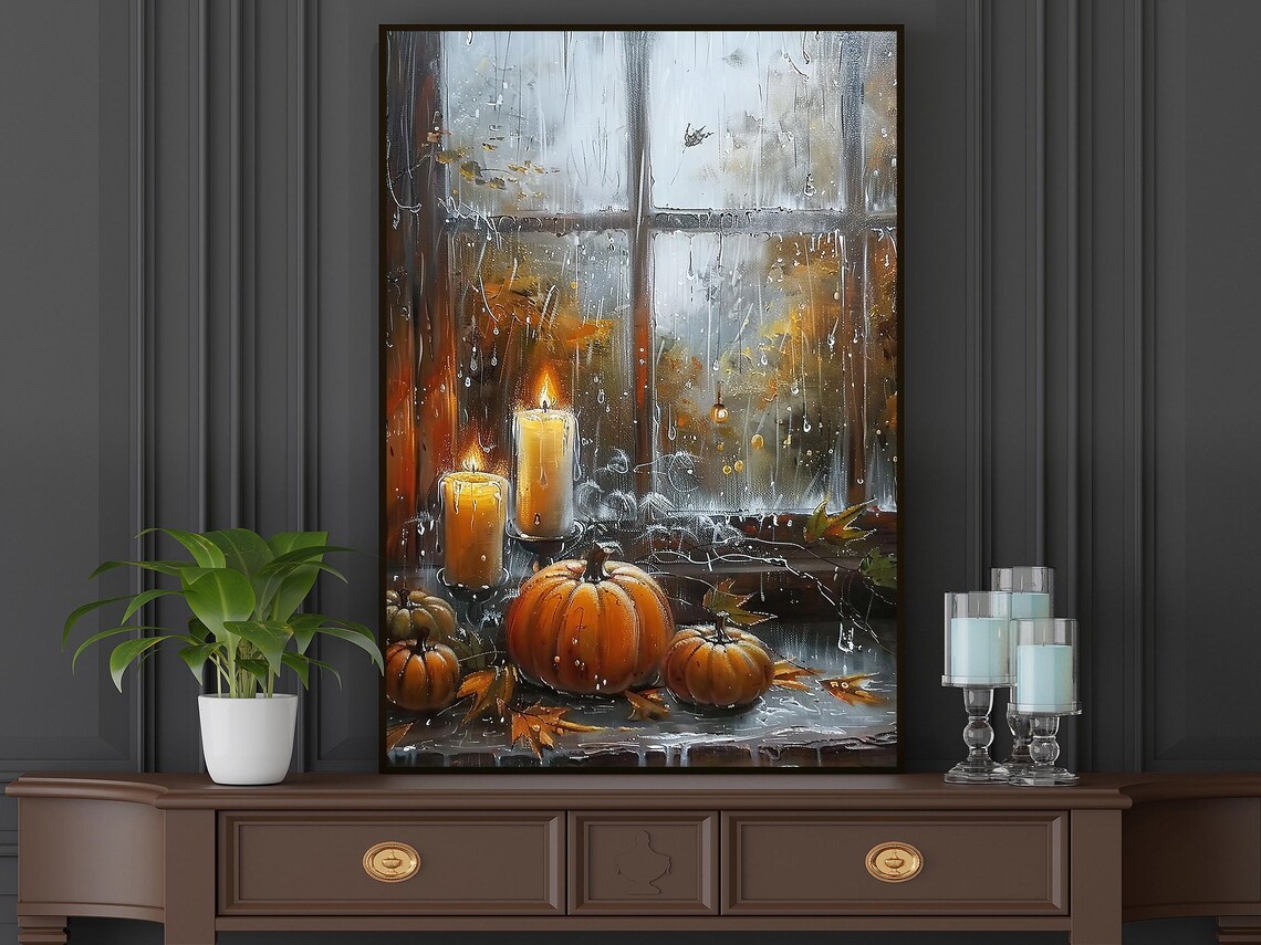 Cozy Pumpkins and Lit Candles on Rainy Autumn Window Sill Art Poster - Image 5