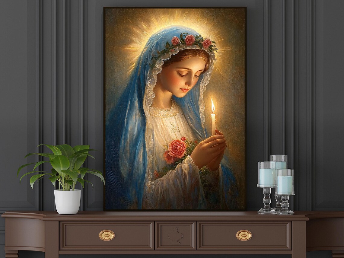 Virgin Mary Holding Candle Blue Veil Rose Crown Radiant Halo Religious Art Poster - Image 5