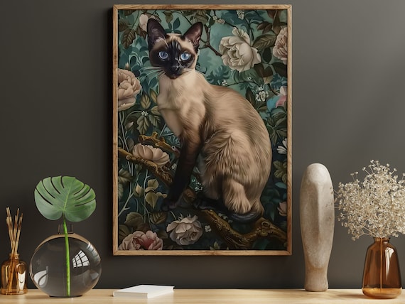 Siamese Cat On Branch Among Roses Dark Floral Pet Portrait Art Poster