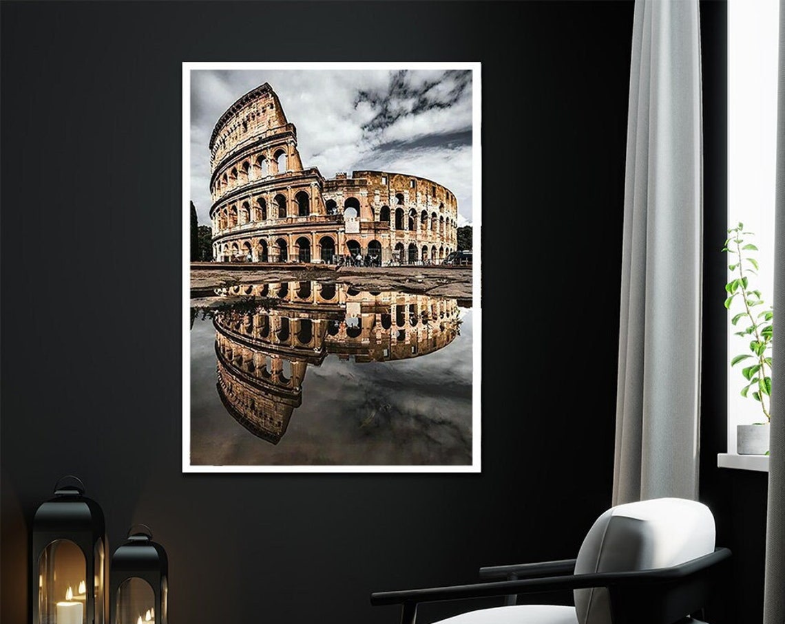 Ancient Rome Colosseum Water Reflection Dramatic Sky Travel Poster