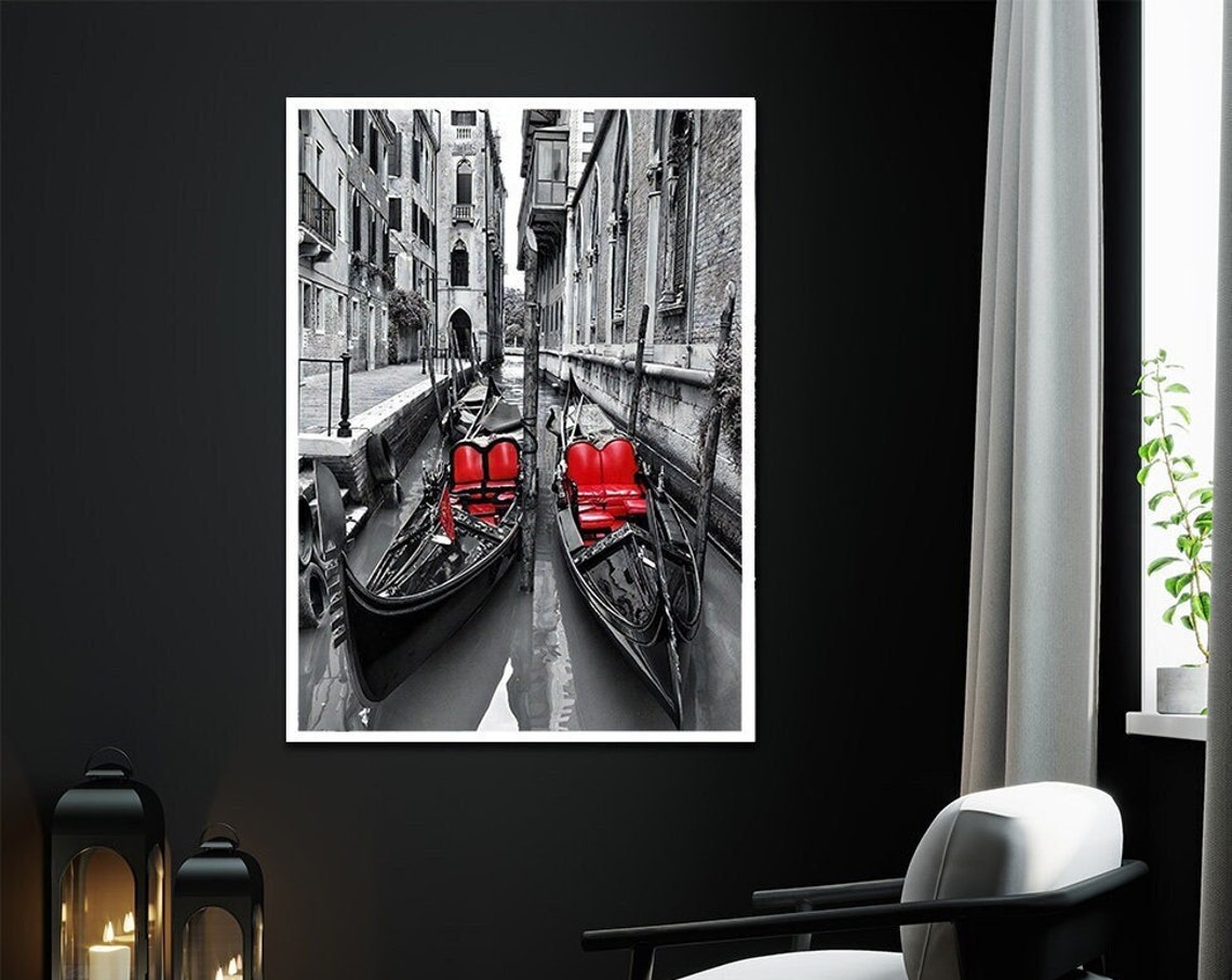 Venice Gondolas Canal Black White Red Seats Italy Travel Poster Print - Image 3
