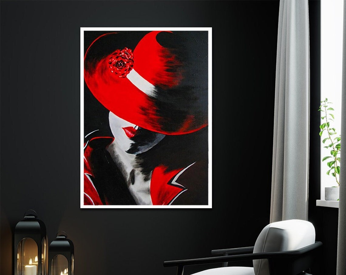 Glamorous Mysterious Woman Red Hat Bold Pop Art Portrait Poster
