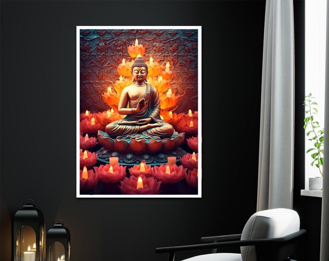 Golden Buddha Candles Lotus Lights Meditation Spiritual Wall Art Poster - Image 3