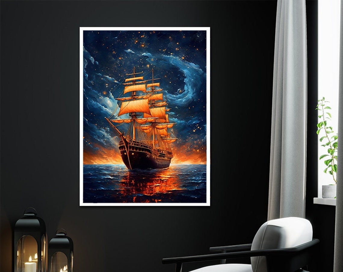 Golden Sails Tall Ship At Sunset Under Starry Night Sky Ocean Poster - Image 3