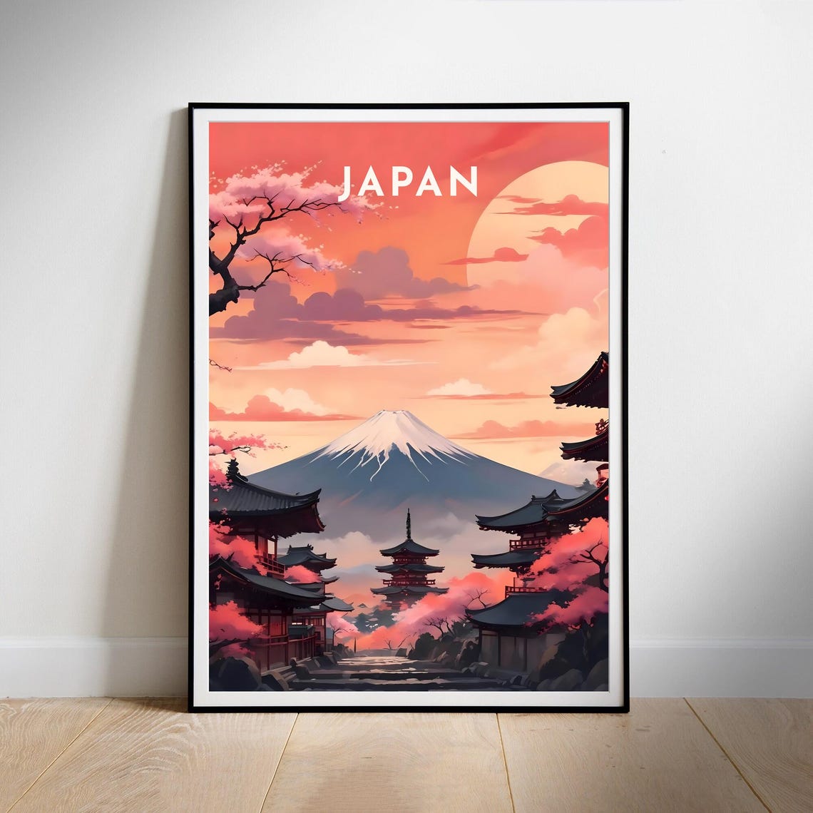Japan Mount Fuji Cherry Blossom Pagoda Temples Sunset Poster