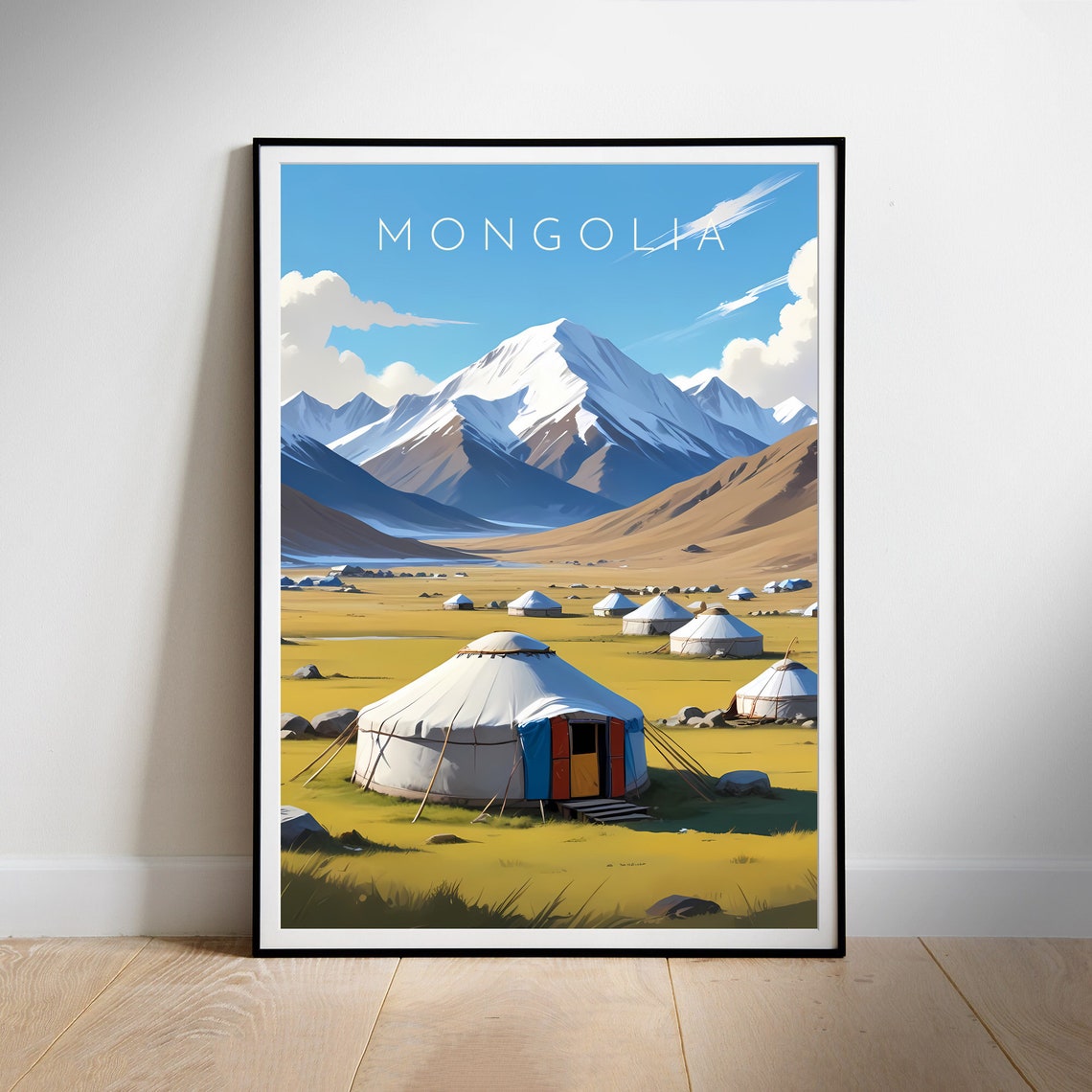 Mongolia Steppe Yurts Snowy Peaks Retro Travel Illustration Poster - Image 2