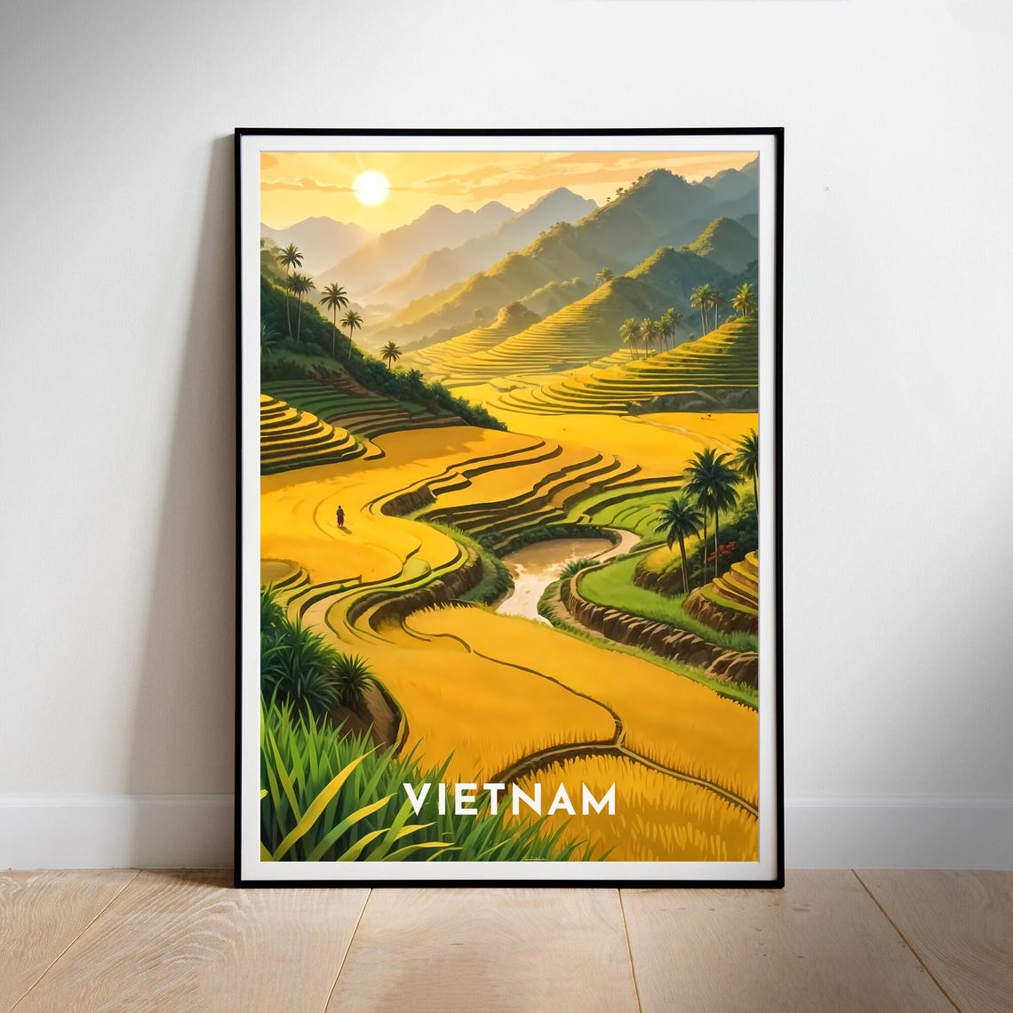 Vietnam Golden Rice Terraces Sunset Mountain Valley Travel Poster