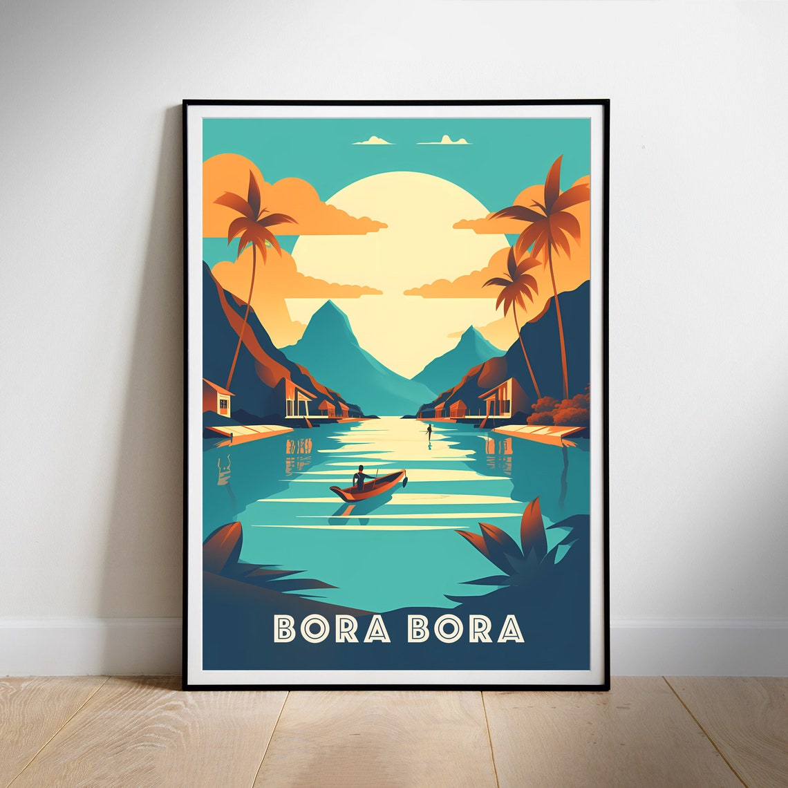 Bora Bora Turquoise Lagoon Canoe Golden Sunset Colorful Travel Poster