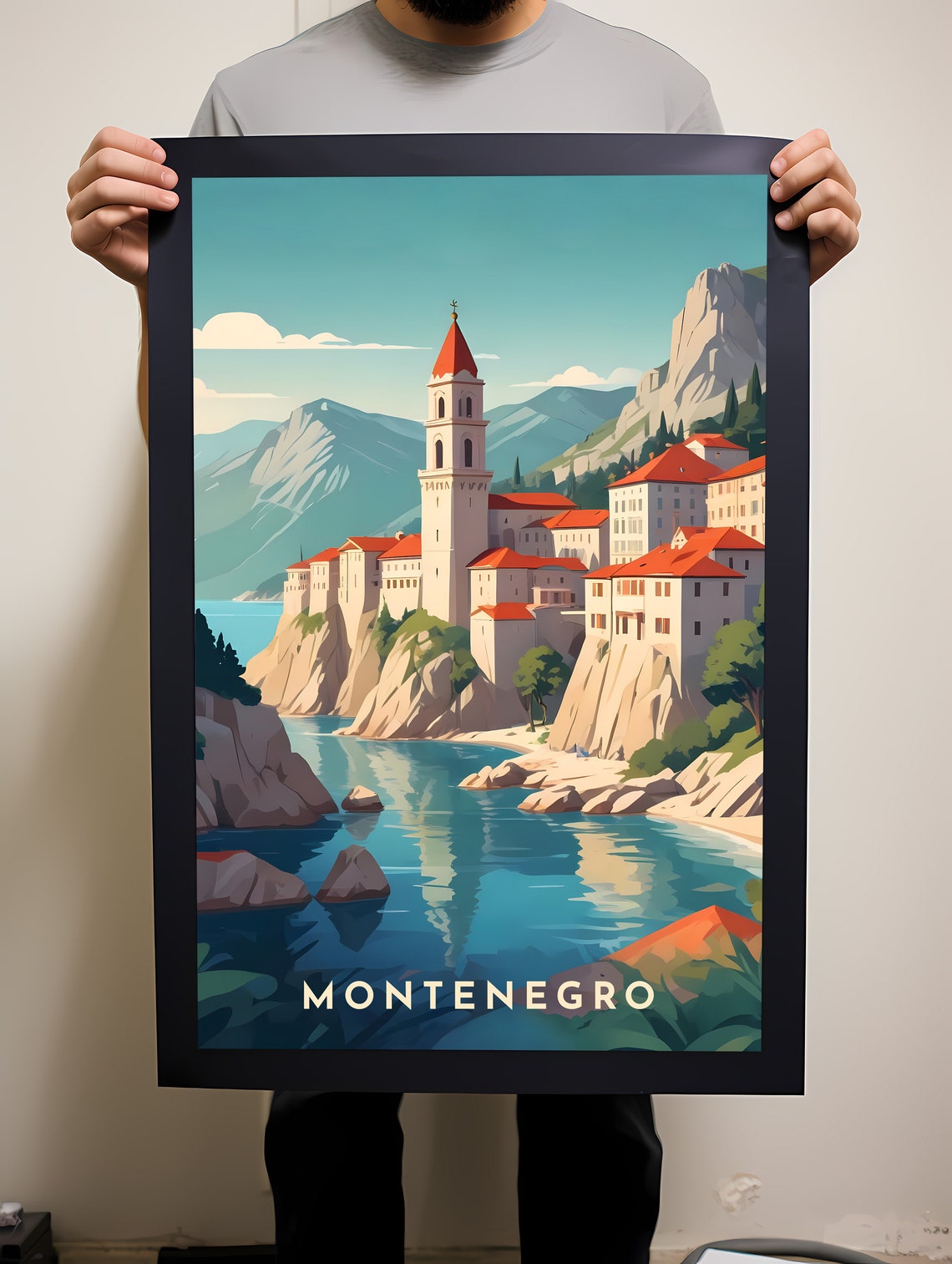 Montenegro Adriatic Sea Cliffside Old Town Travel Illustration Poster - Image 2