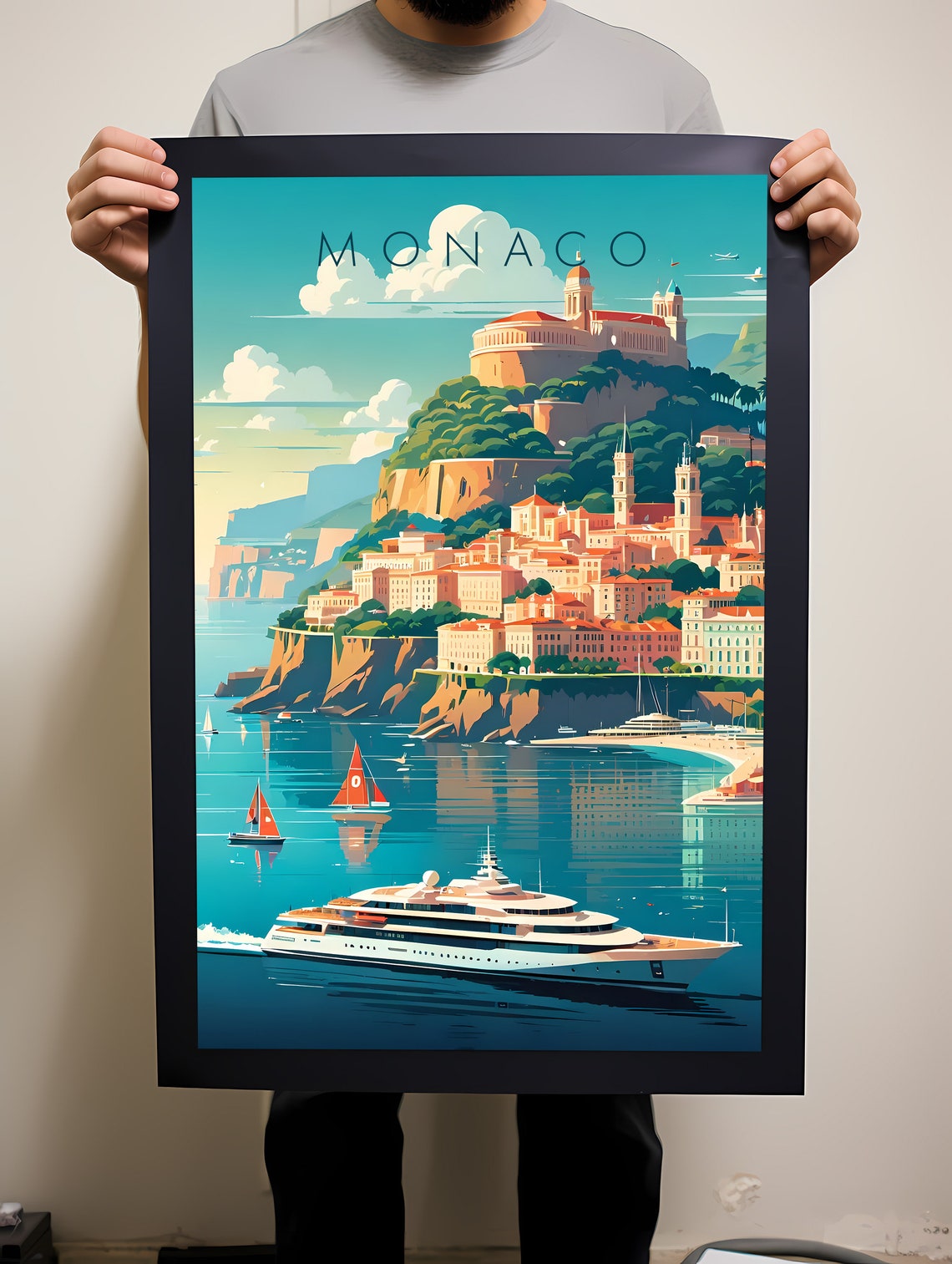 Monaco French Riviera Harbor Yacht Coastal Illustration Poster - Image 2