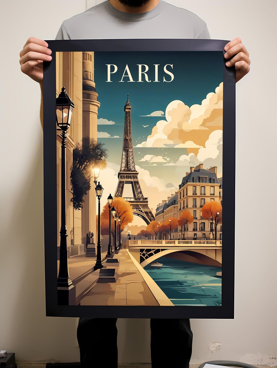 Paris Eiffel Tower Seine Bridge Retro Illustration Travel Poster - Image 2