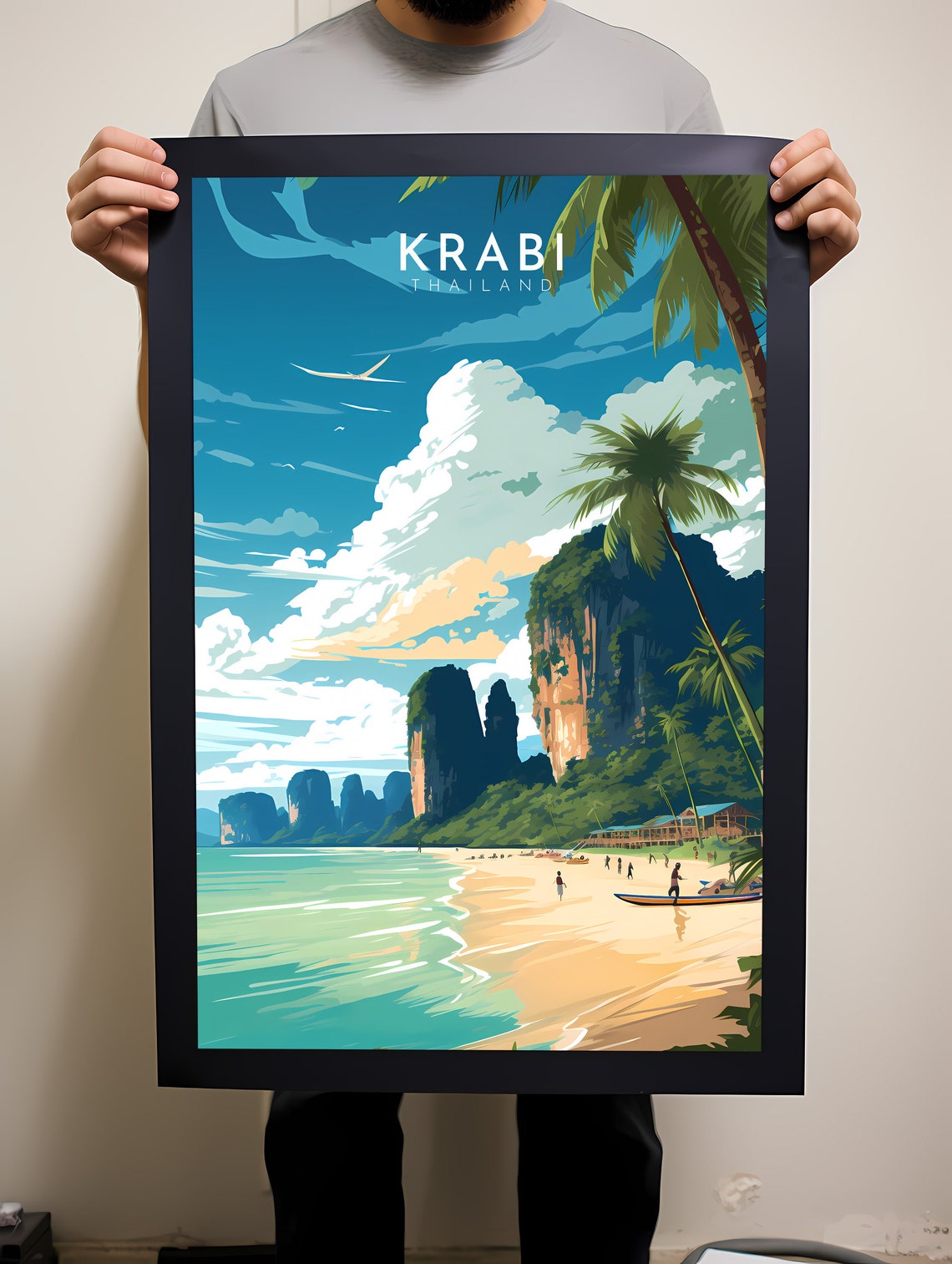 Krabi Thailand Beach Limestone Cliffs Palm Trees Travel Poster