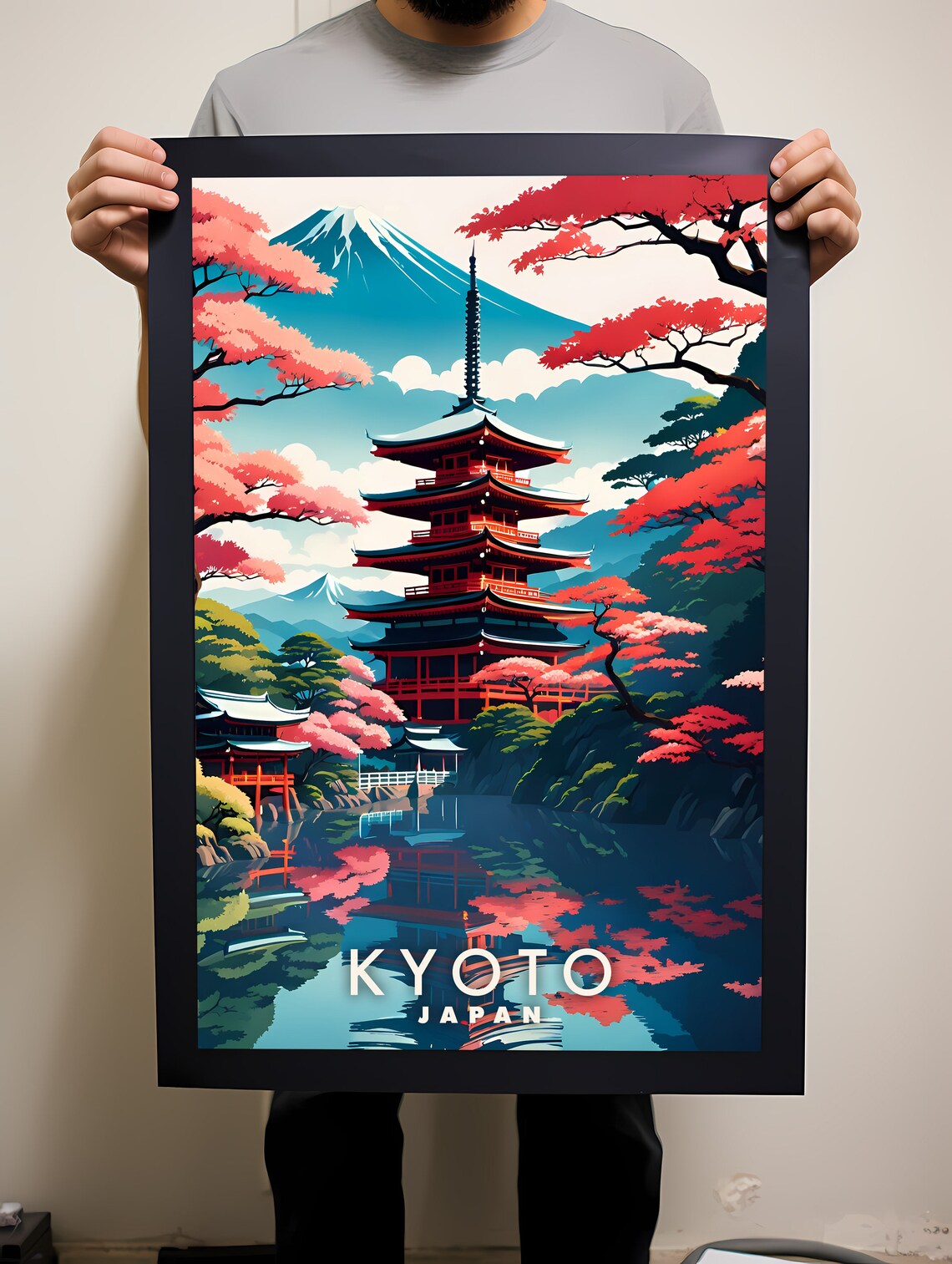Kyoto Japan Red Pagoda Cherry Blossom Colorful Travel Poster - Image 2