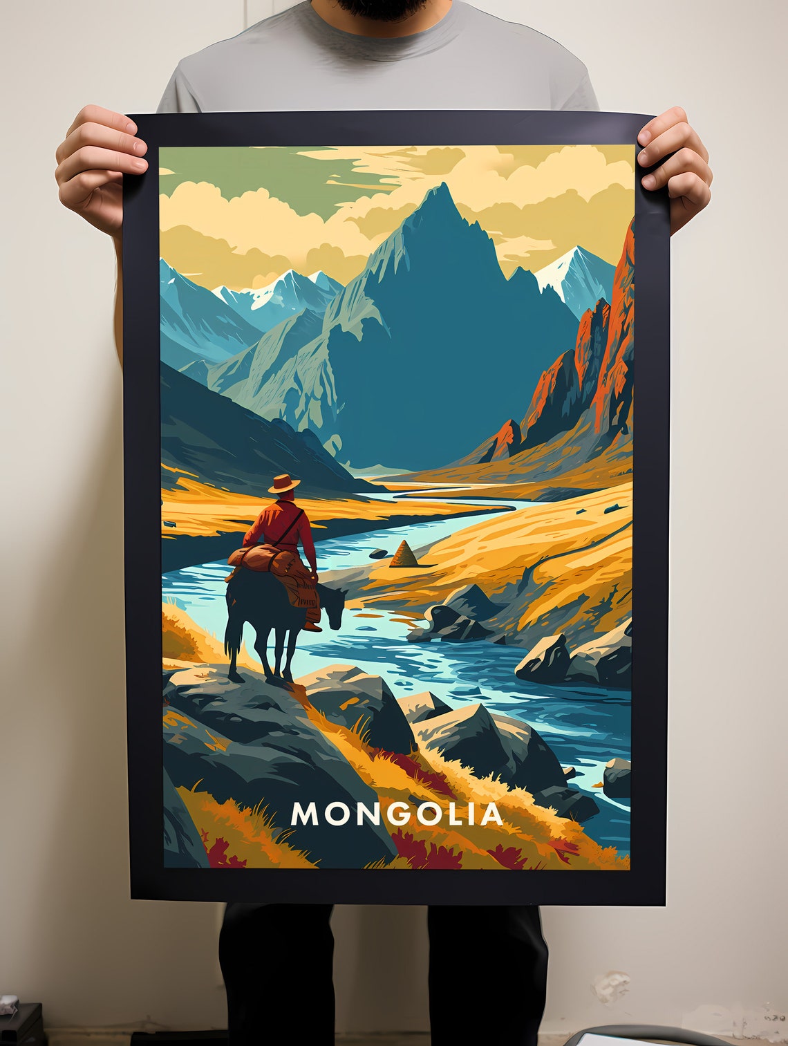Mongolia Horseback Rider Crossing A River Valley Retro Travel Poster