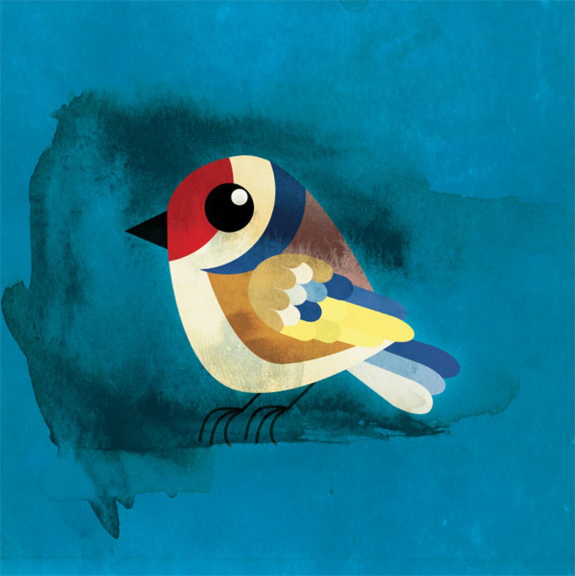 Colorful Goldfinch Bird Geometric Illustration Teal Watercolor Poster
