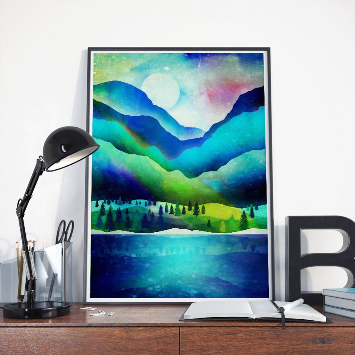Blue and Green Mountain Landscape Moon Lake Forest Watercolor Poster - Image 4