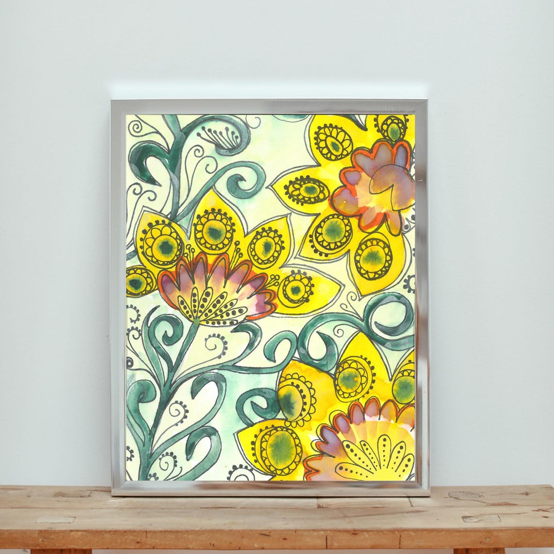 Sunny Yellow Doodle Bloom Patterned Floral Watercolor Poster