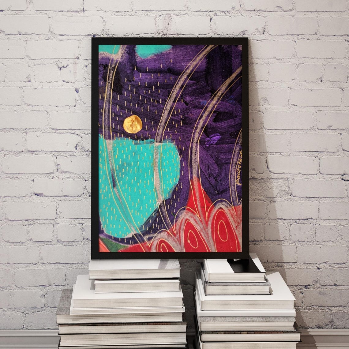 Gold Moon over Purple Night Sky Abstract Cosmic Swirls Art Poster - Image 3