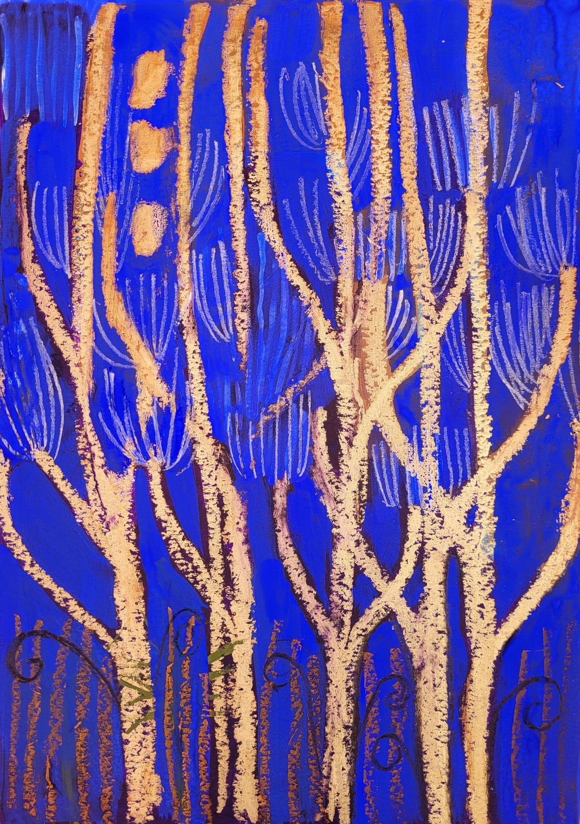 Cobalt Blue With Gold Branches Large Abstract Modern Art Poster - Image 3