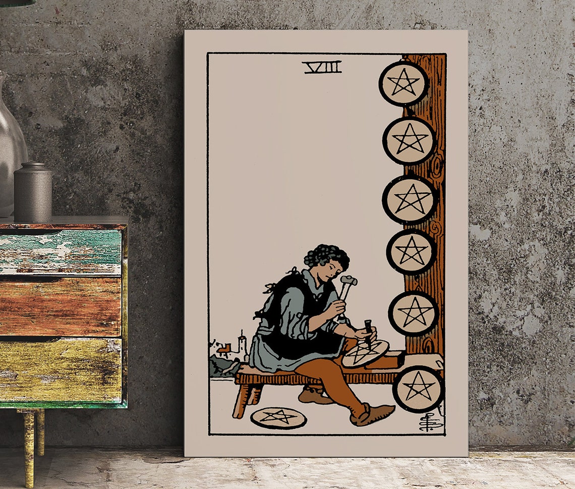 Eight of Pentacles Tarot Card Vintage Craftsmanship Art Poster