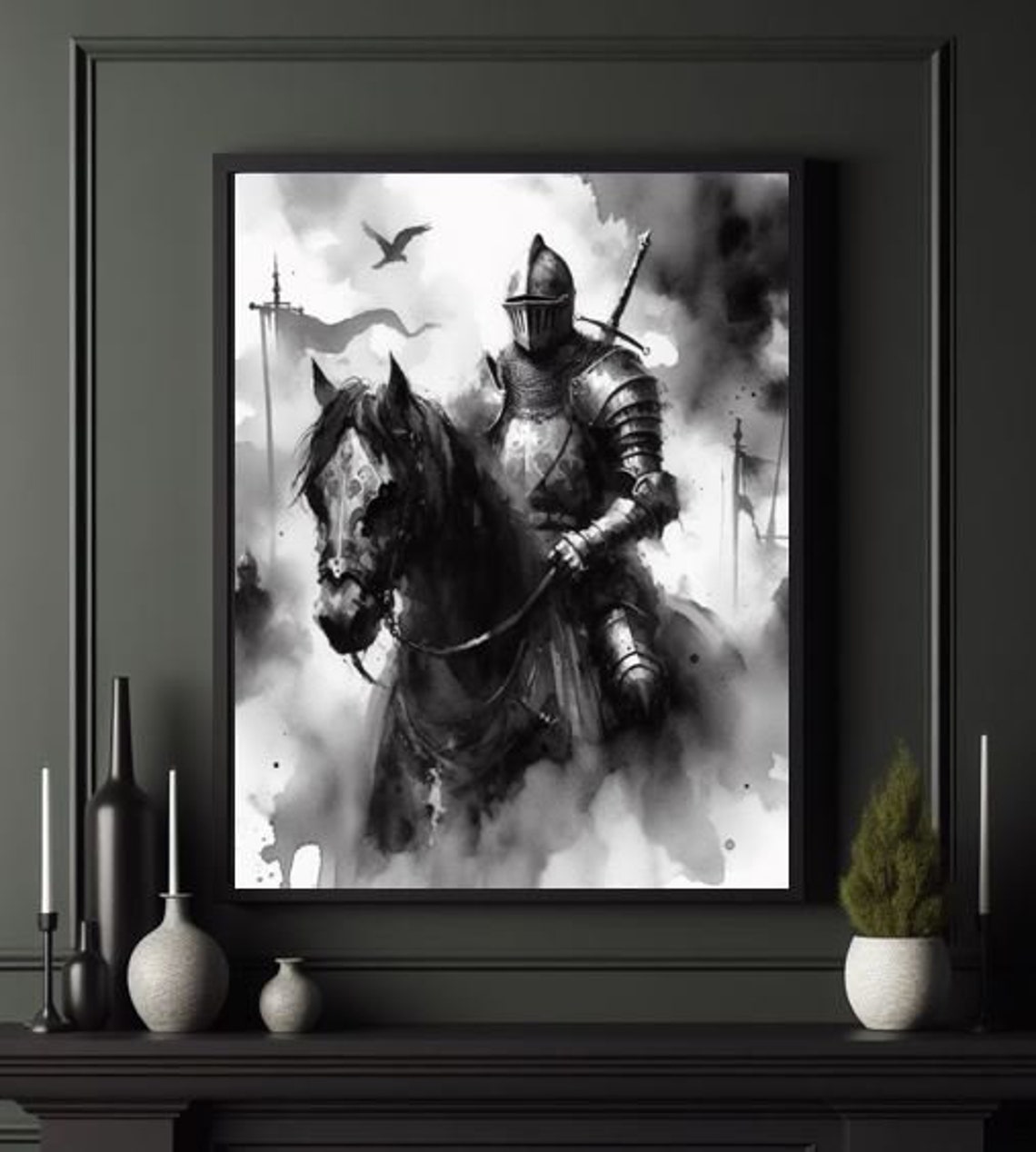 Medieval Knight on Horseback Misty Black White Watercolor Art Poster