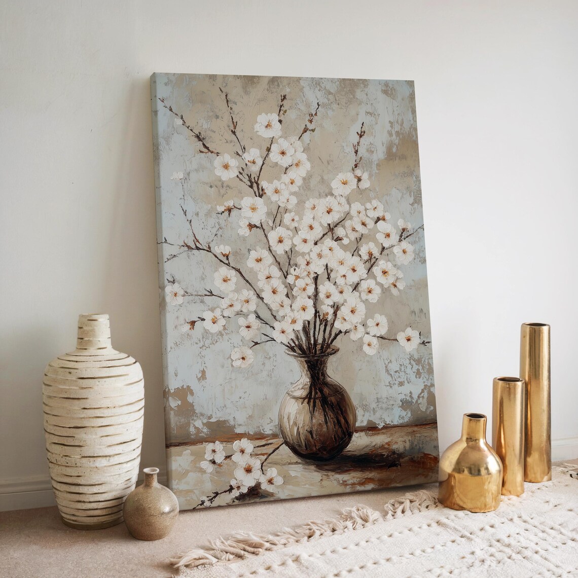 Floral Painting Wall Art Vintage Floral Painting Cherry Blossom Wall Art Classic Still Life Elegant Flowers Art Textured Painting - Image 4