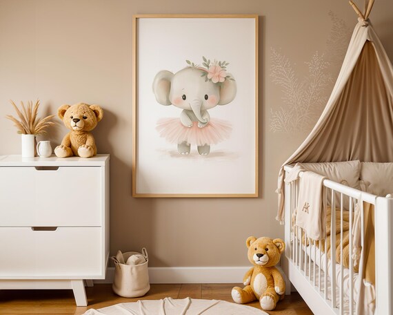 Enchanting Baby Elephant Ballerina Flower Crown Nursery Art Poster