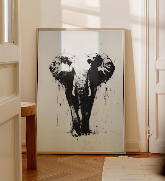 Striking Abstract Black and White Elephant Head Modern Art Poster