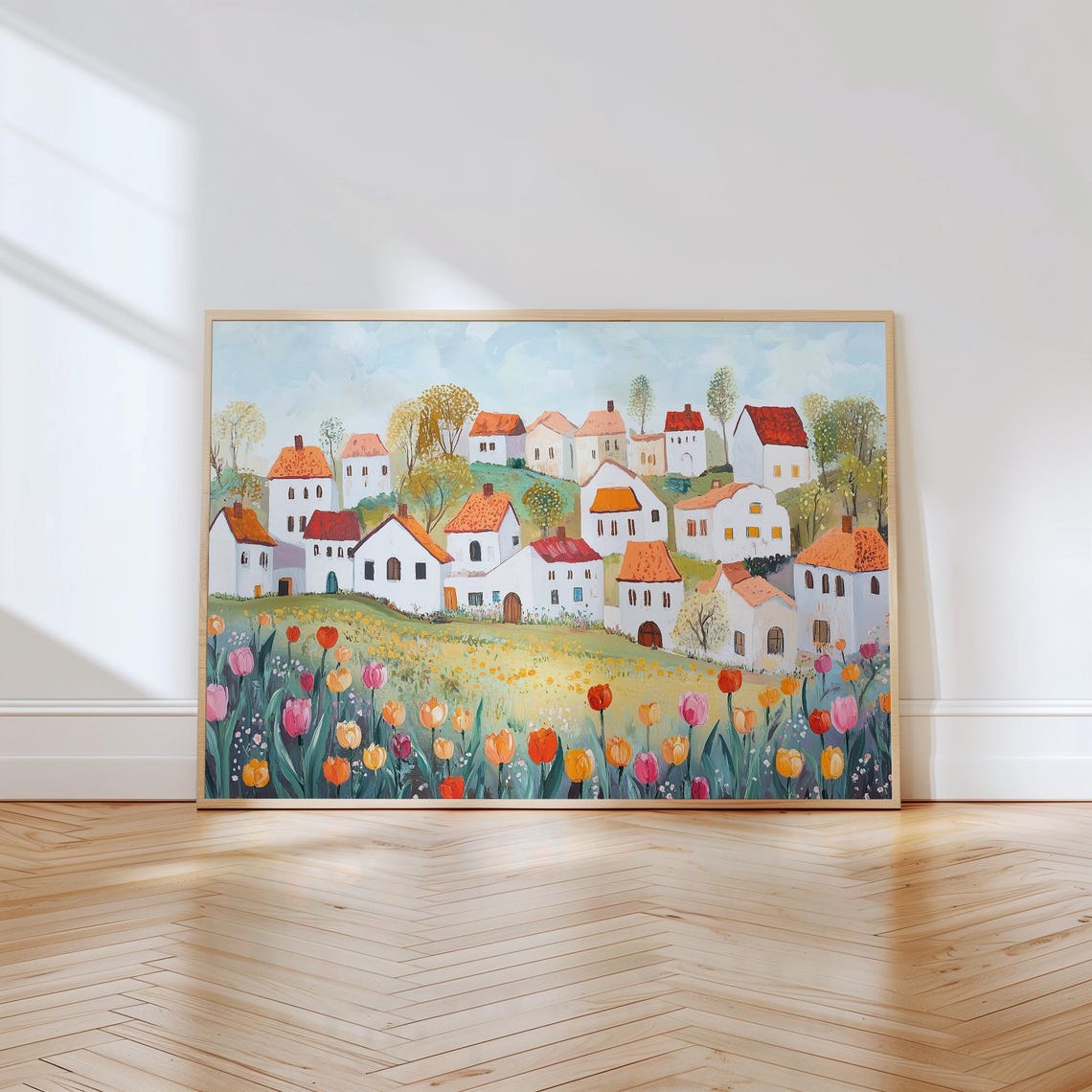 Quaint Hillside Village Above a Tulip Meadow Landscape Poster - Image 4