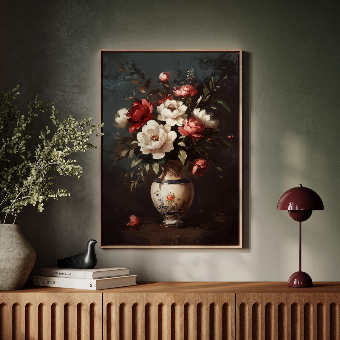 Moody Red and White Peonies Oil Painting Dark Floral Wall Art - Image 5