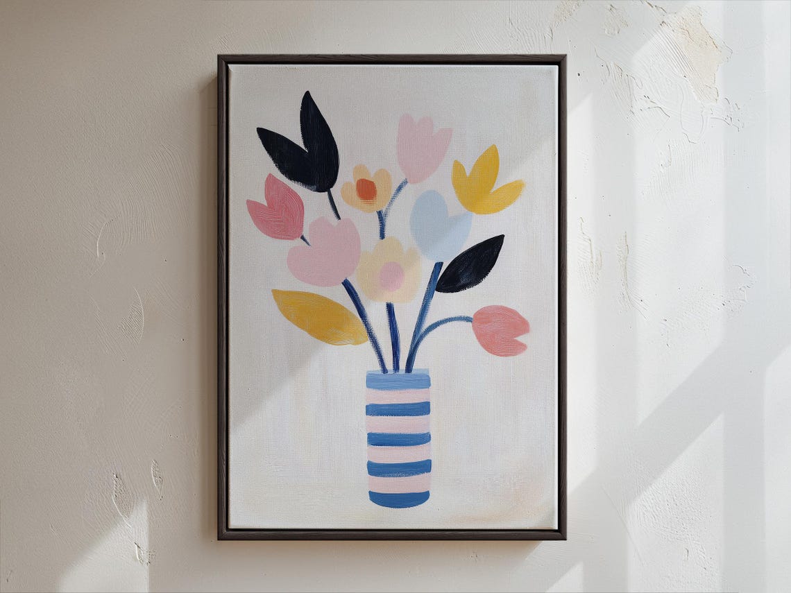 Minimalist Pastel Tulips Floral Painting with Blue Vase Wall Art