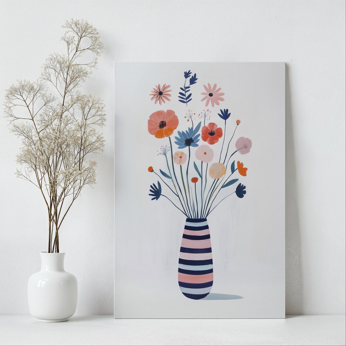 Tall Playful Wildflowers in Striped Vase Minimalist Floral Wall Art - Image 3