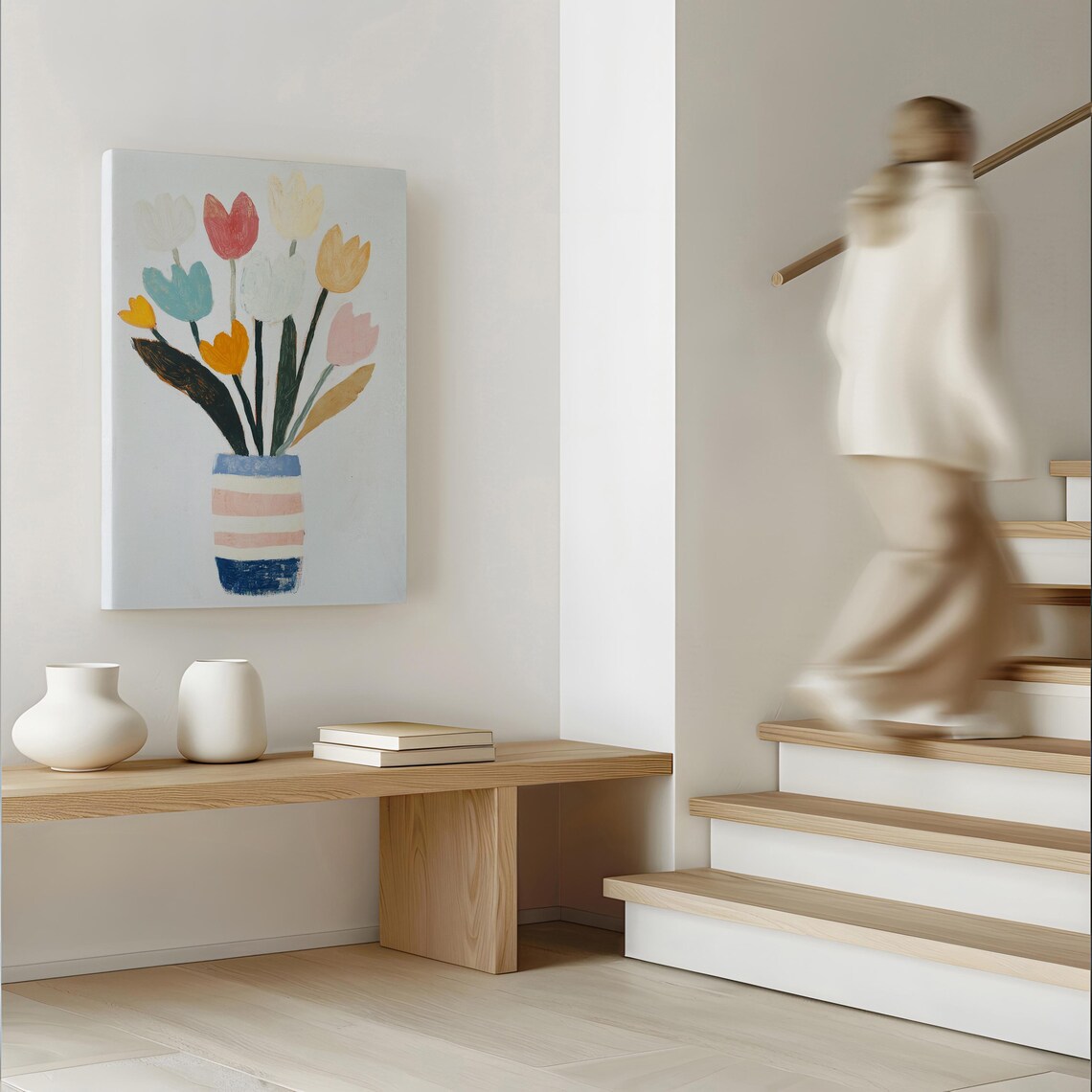 Colorful Tulips in Striped Vase Modern Floral Painting Wall Art - Image 4