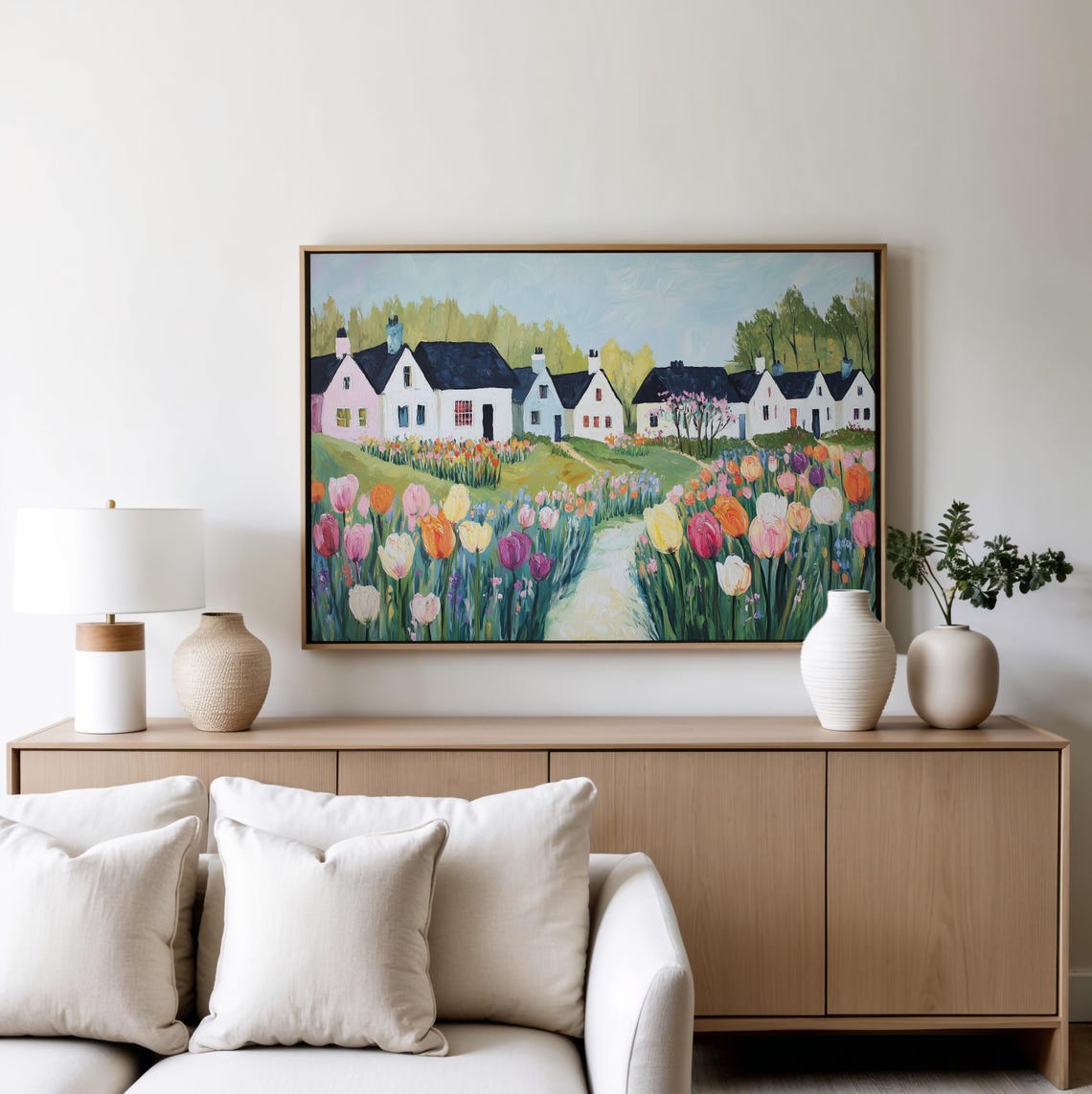 White Cottages and a Tulip Garden Path Countryside Landscape Poster - Image 4