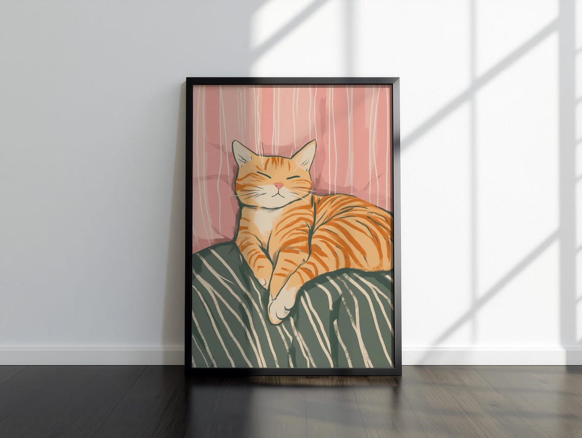 Sleepy Orange Tabby Cat Napping on a Cozy Striped Bed Poster - Image 3