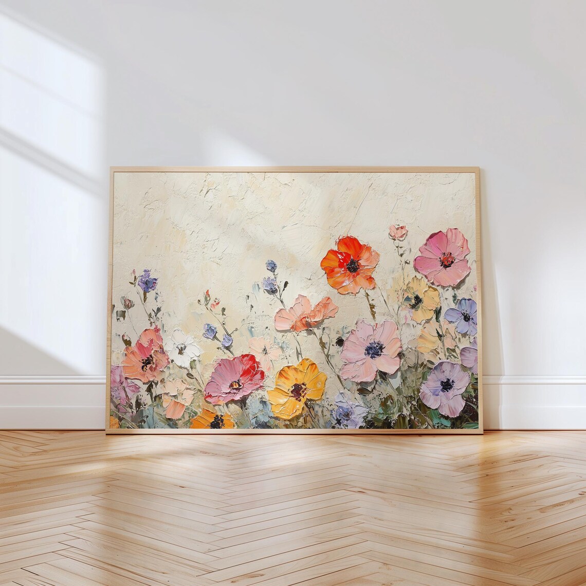 Textured Oil Painting of Coral Poppies on a Cream Canvas Poster - Image 4