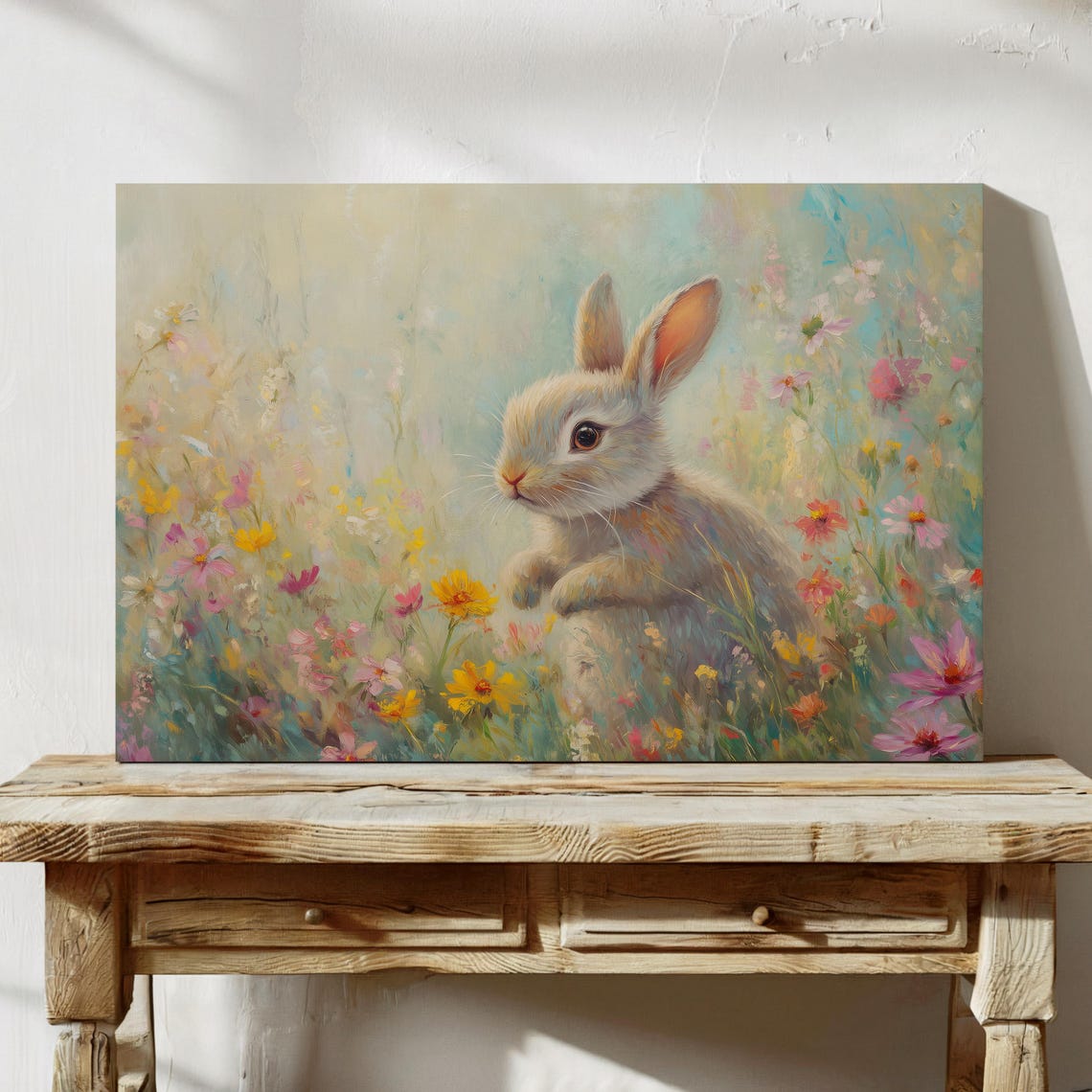 Playful Gray Bunny in a Bright Wildflower Meadow Scene Art Poster - Image 5