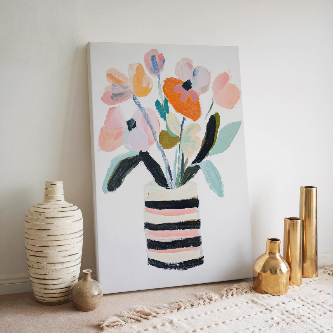 Airy Pastel Wildflowers in Striped Vase Modern Floral Wall Art - Image 2